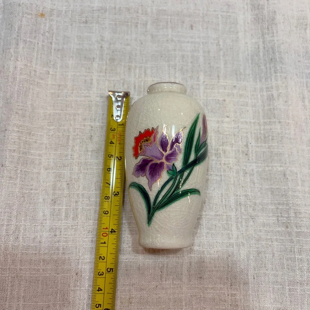 Homco Japan Vintage Satsuma Style Floral Bud‎ Vase Crackle Glaze Gold Rim 4 Inch